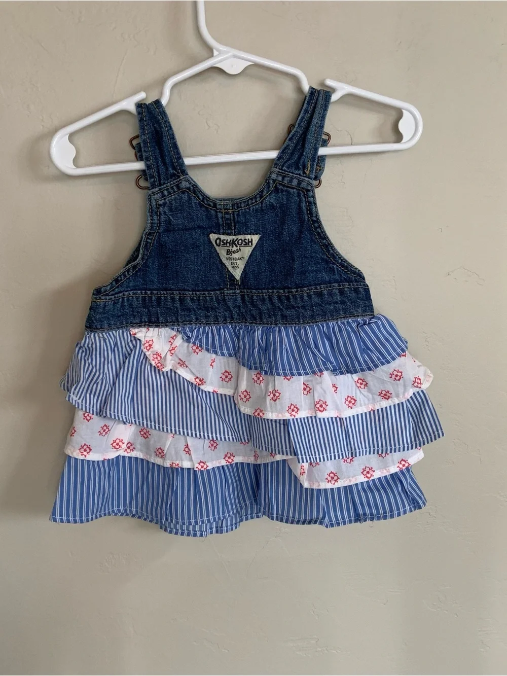 OshKosh B'gosh Girls Vestbak Overall Red White Blue Jumper Ruffle Dress 6 months